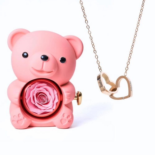 Oso rosa eterno y collar personalizado