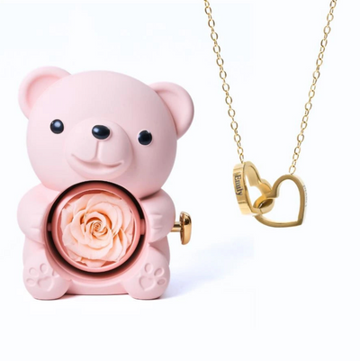 Oso rosa eterno y collar personalizado