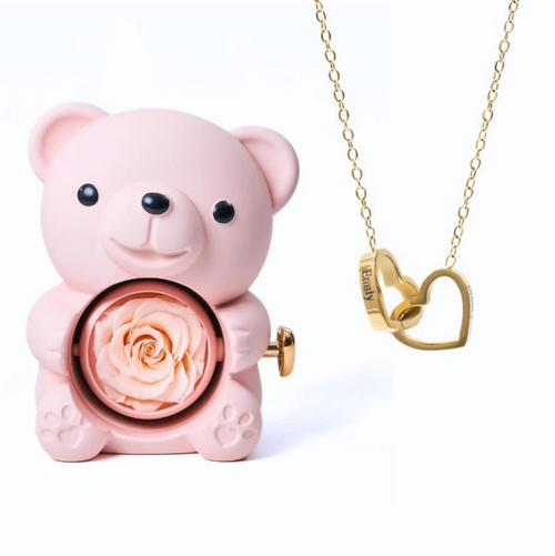 Oso rosa eterno y collar personalizado