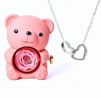 Oso rosa eterno y collar personalizado