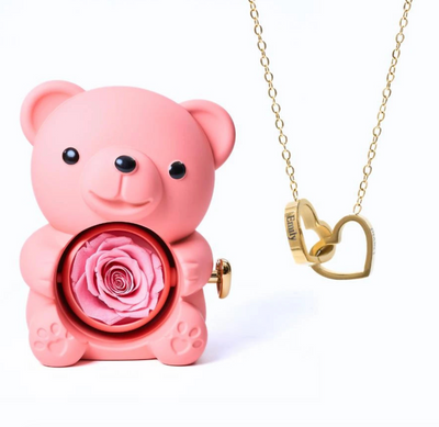 Oso rosa eterno y collar personalizado