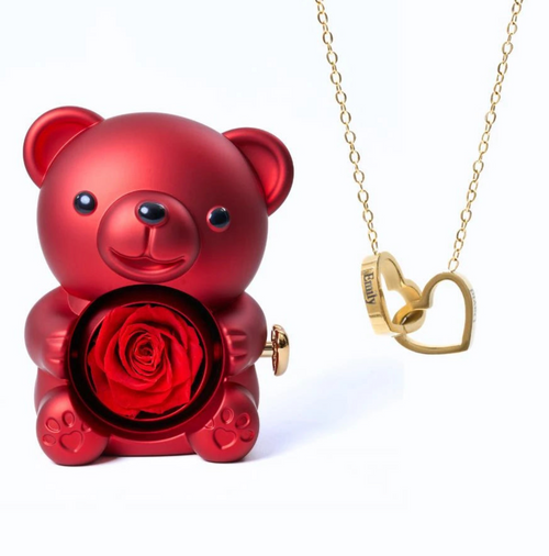 Oso rosa eterno y collar personalizado